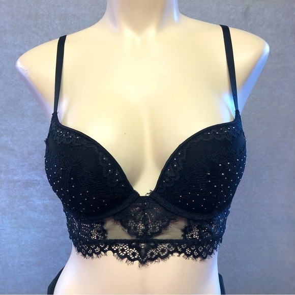 𝅺💕2/$35 💕 La Senza Beyond Sexy Classic Plunge Black with Rhinestones Bra 32C - Picture 1 of 7